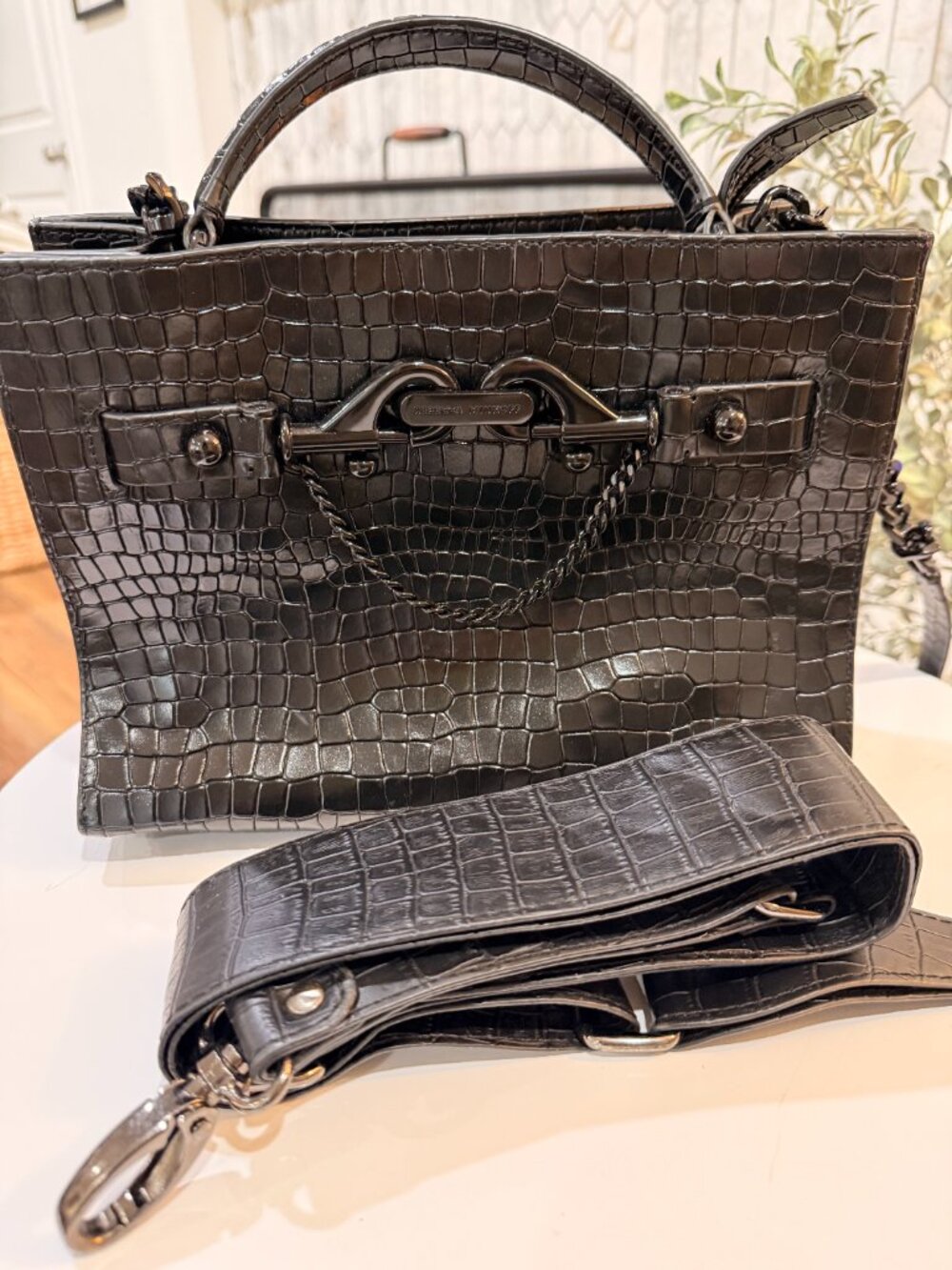 Rebecca Minkoff Black Croc Embossed Black Hardware Satchel - Picture 2 of 10